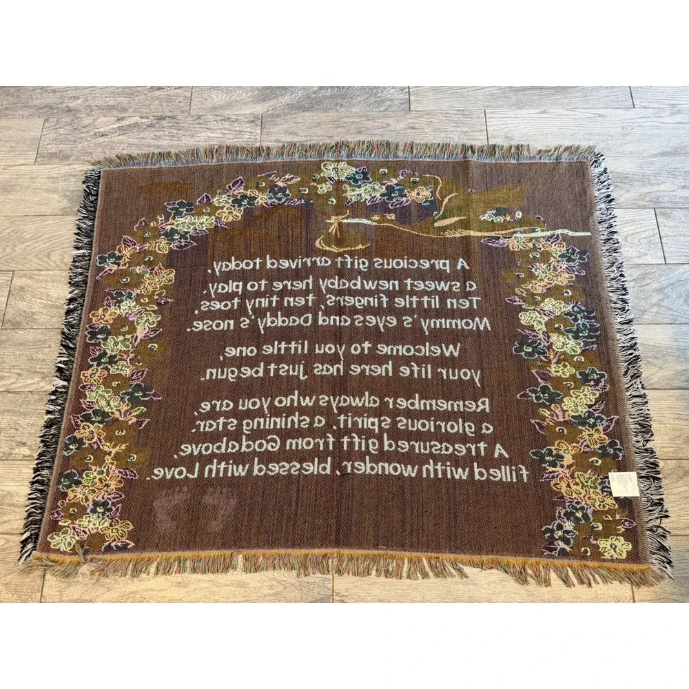 Tapestry Throw Blanket Baby Stork Poem Newborn 38x50 Footprints Precious Gift